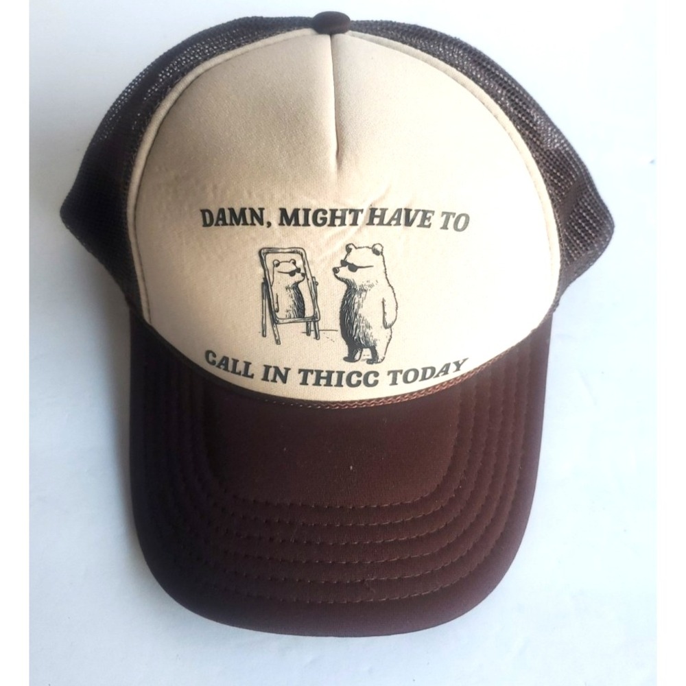 Call in THICC Today Bear Trucker Mesh Hat Cap Brown Beige Graphic Funny Humor